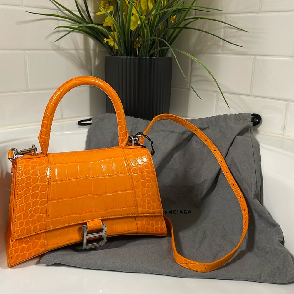 Balenciaga Small Hourglass Croc Embossed Leather Crossbody Top Handle Bag
